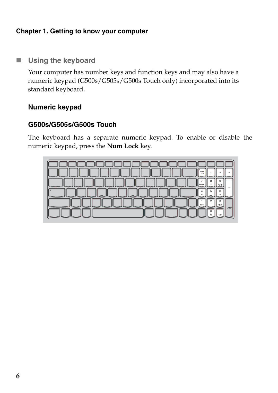 Lenovo 59373006, 59373026 manual „ Using the keyboard, Numeric keypad G500s/G505s/G500s Touch 