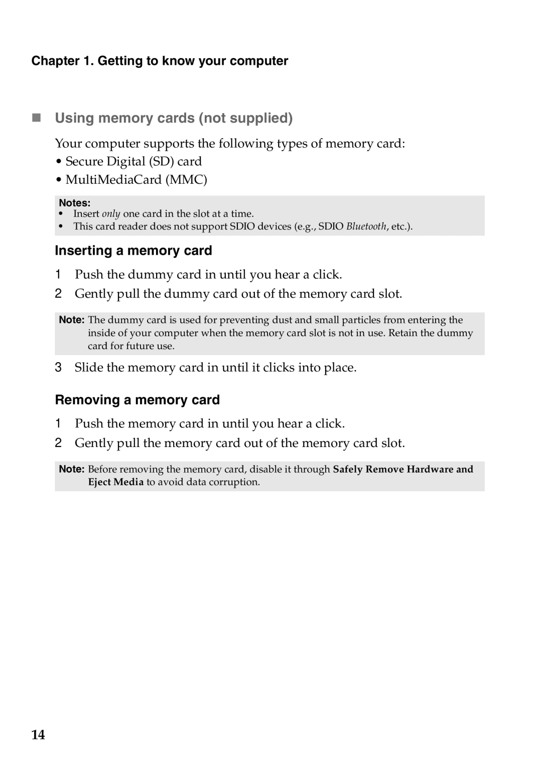 Lenovo 59373006, 59373026 manual „ Using memory cards not supplied, Inserting a memory card, Removing a memory card 