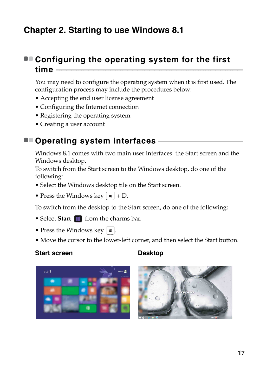 Lenovo 59373026 manual Starting to use Windows, Start screen, Configuring the operating system for the first time, Desktop 