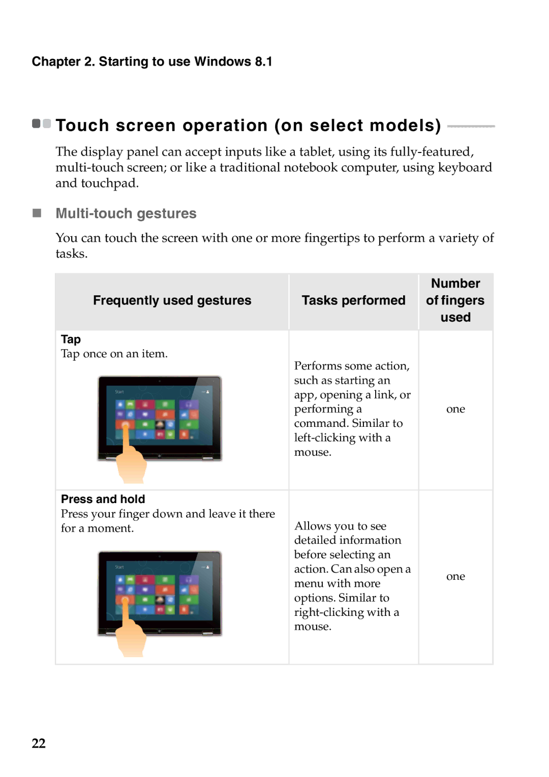 Lenovo 59373006, 59373026 manual „ Multi-touch gestures, Number, Frequently used gestures Tasks performed Fingers Used 