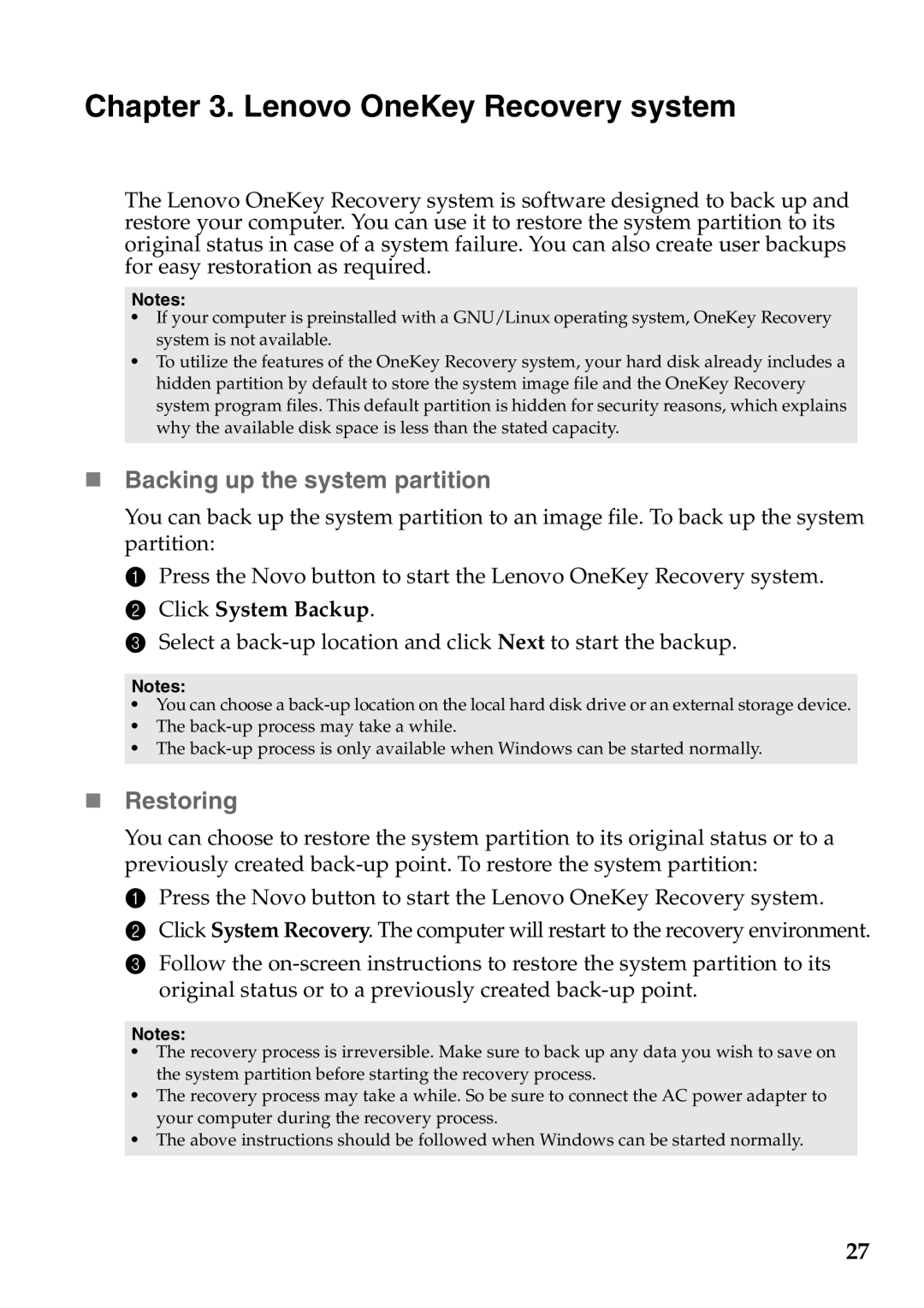 Lenovo 59373026, 59373006 manual Lenovo OneKey Recovery system, „ Backing up the system partition, „ Restoring 