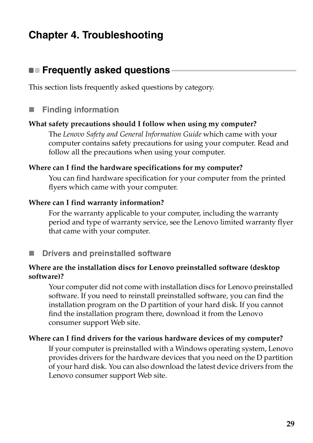 Lenovo 59373026, 59373006 manual Troubleshooting, „ Finding information, „ Drivers and preinstalled software 