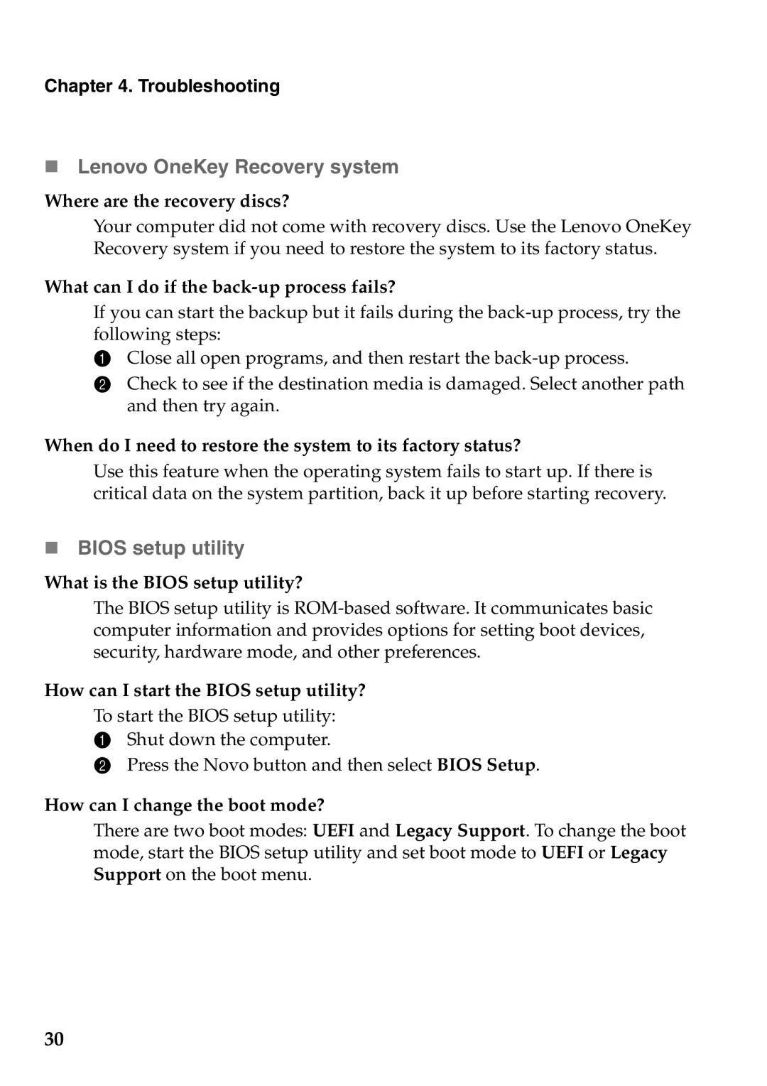 Lenovo 59373006, 59373026 manual „ Lenovo OneKey Recovery system, „ Bios setup utility, Troubleshooting 