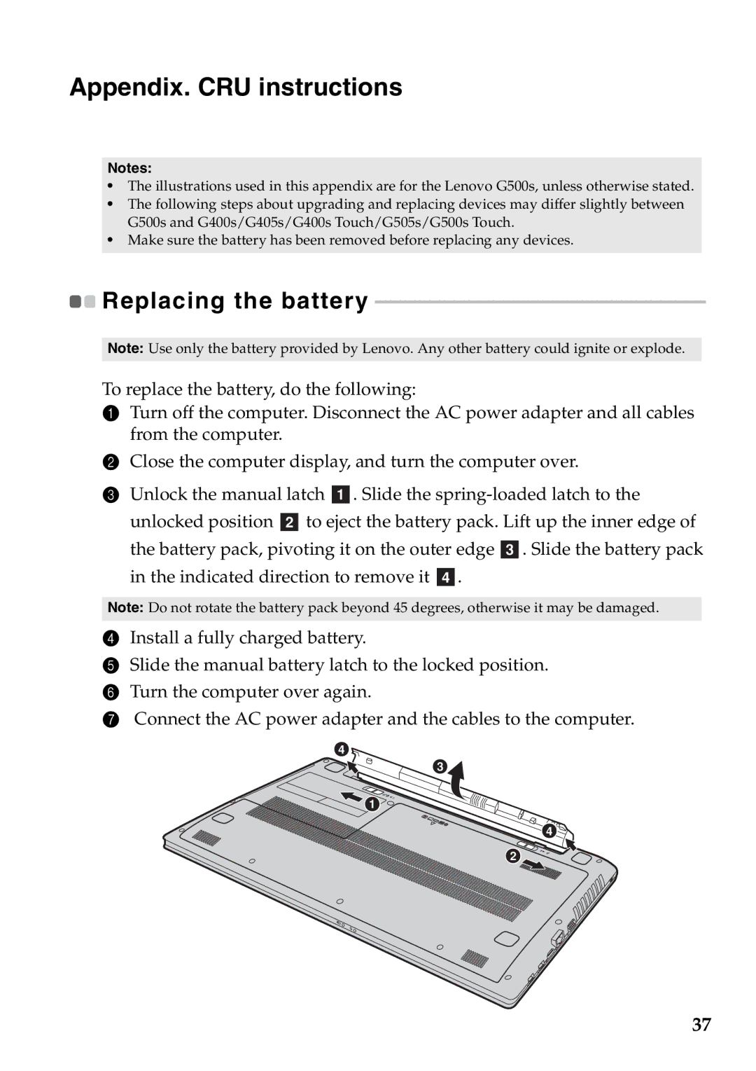 Lenovo 59373026, 59373006 manual Appendix. CRU instructions, Replacing the battery 