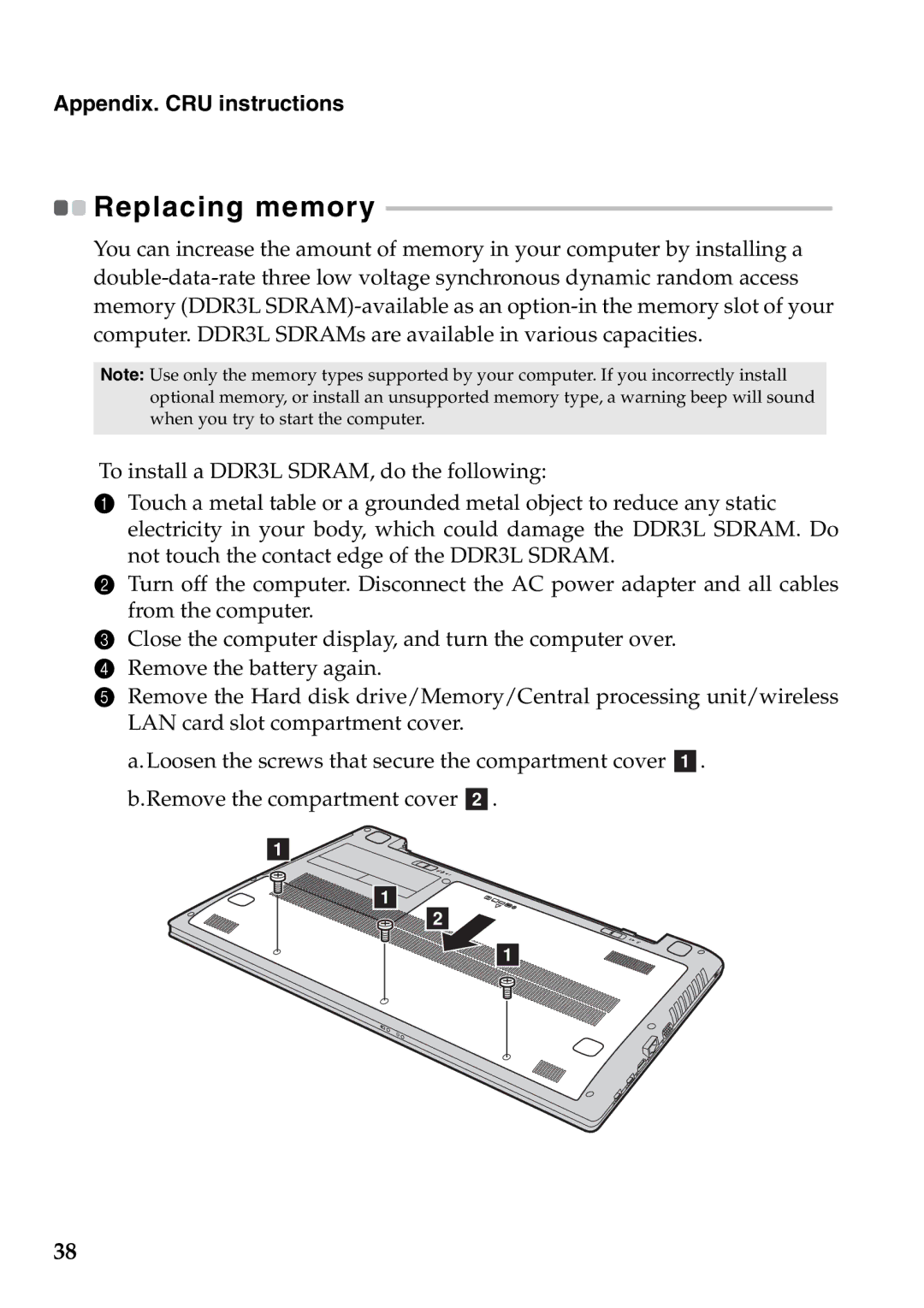 Lenovo 59373006, 59373026 manual Replacing memory, Appendix. CRU instructions 