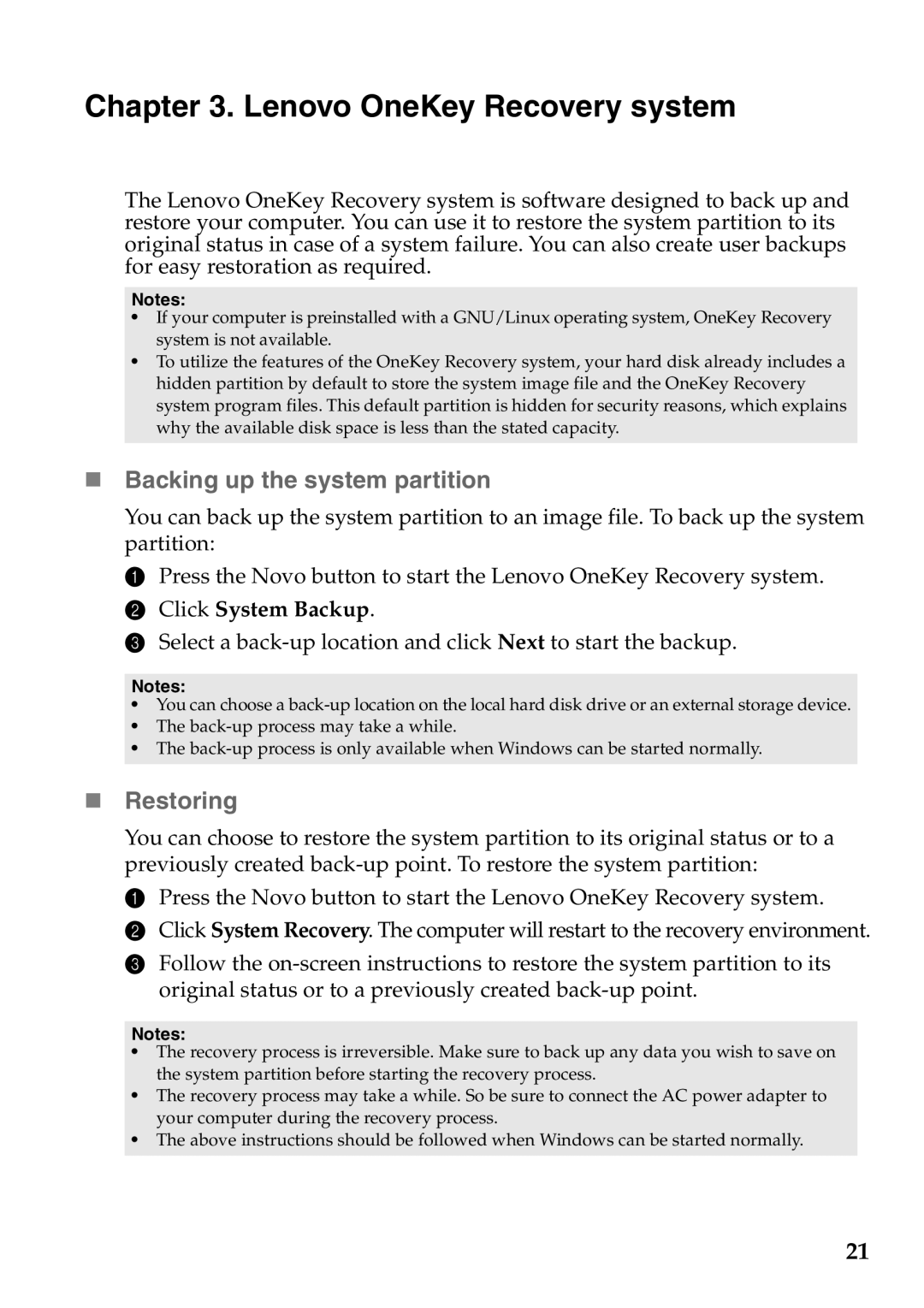 Lenovo 59385443, 59373010, 59373039, 59373036 Lenovo OneKey Recovery system, „ Backing up the system partition, „ Restoring 