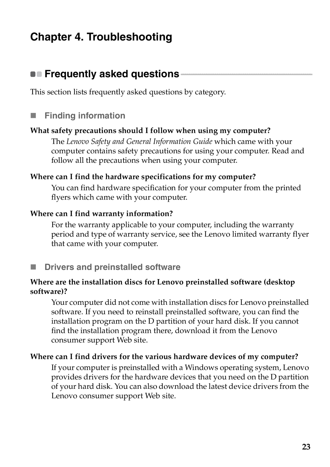 Lenovo 59373036 Troubleshooting, „ Finding information, „ Drivers and preinstalled software, Frequently asked questions 