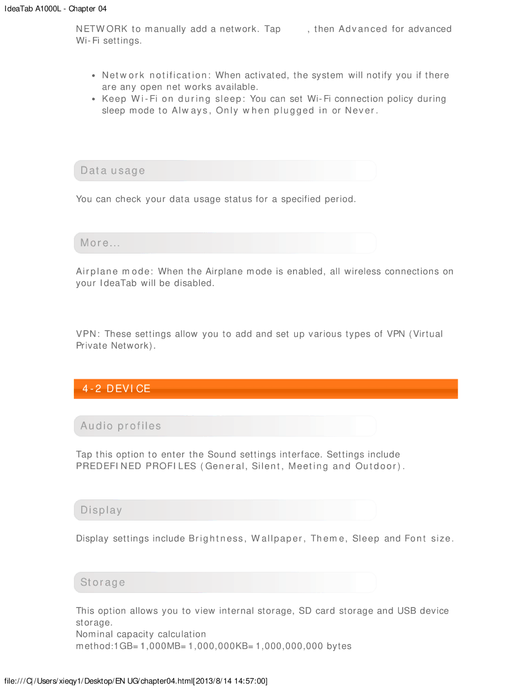 Lenovo 59369843, 59374135 manual Data usage, More, Audio profiles, Display, Storage 
