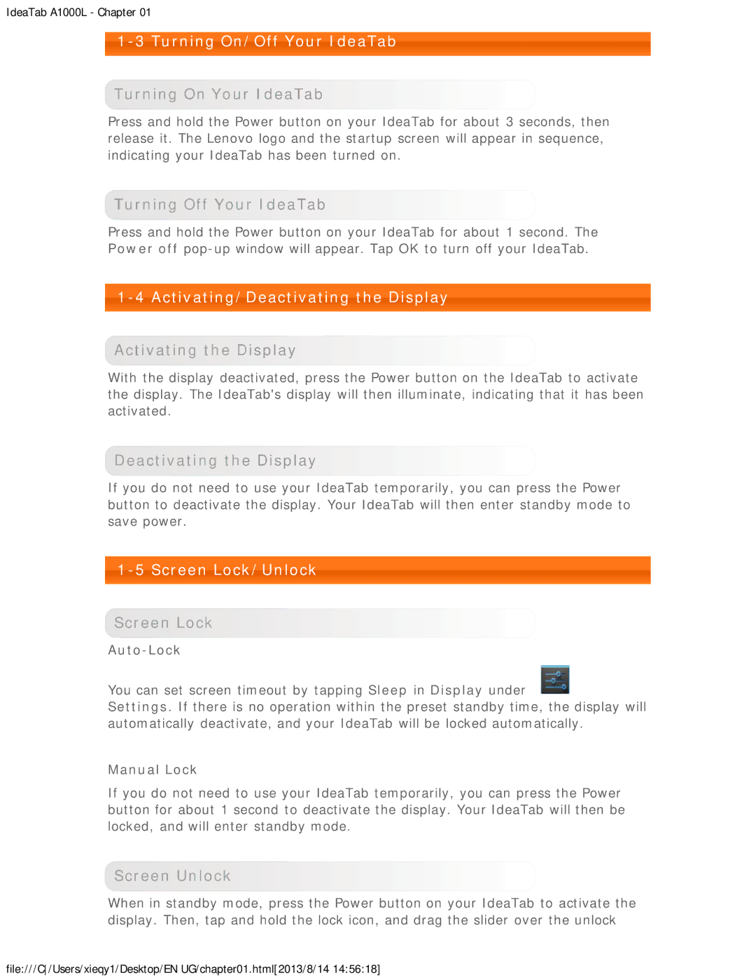 Lenovo 59374135, 59369843 manual Turning On/Off Your IdeaTab, Activating/Deactivating the Display, Screen Lock/Unlock 