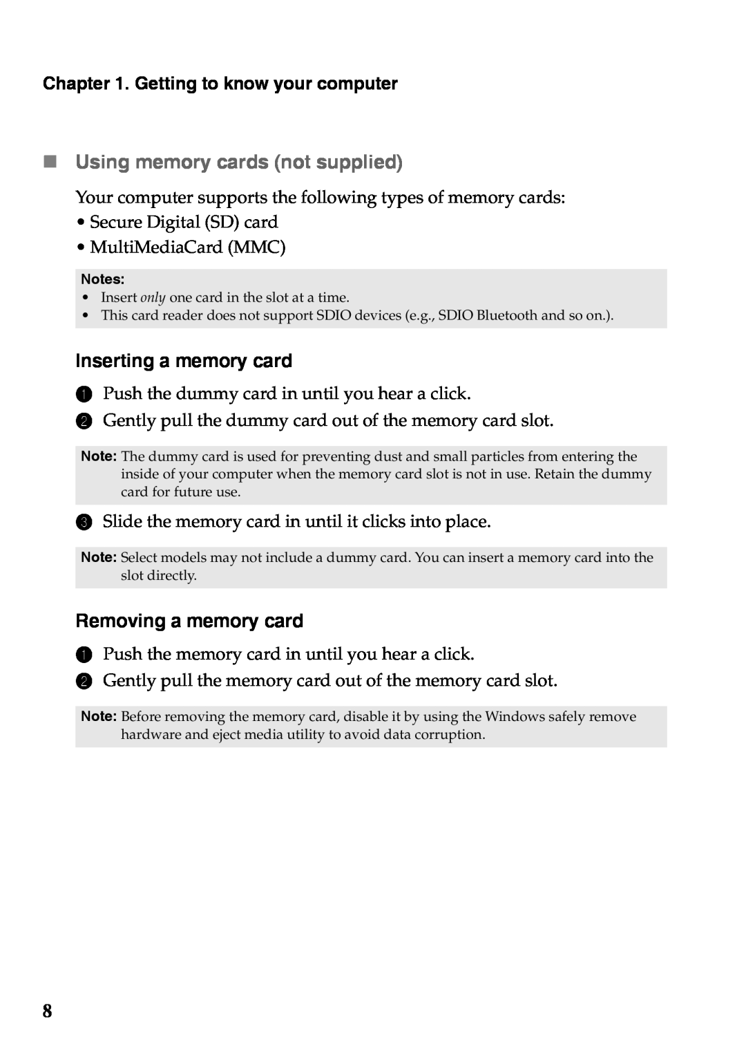 Lenovo 59375192 manual Using memory cards not supplied, Inserting a memory card, Removing a memory card 