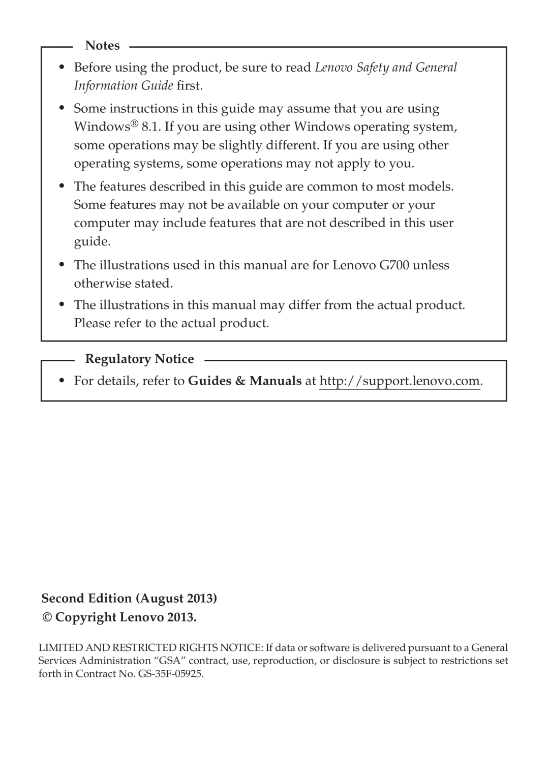Lenovo 59375192 manual Notes, Regulatory Notice, Second Edition August Copyright Lenovo 