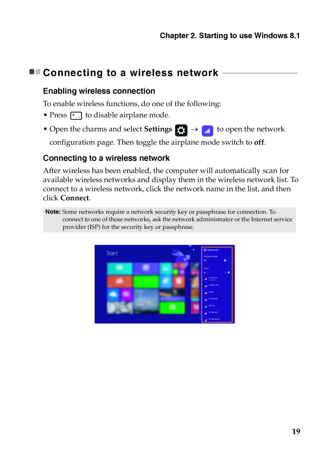 Lenovo 59375192 manual Connecting to a wireless network, Enabling wireless connection, Starting to use Windows 