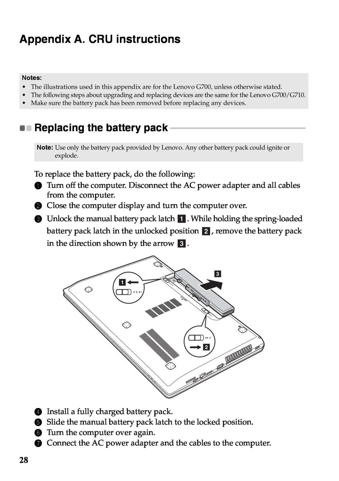 Lenovo 59375192 manual Appendix A. CRU instructions, Replacing the battery pack 