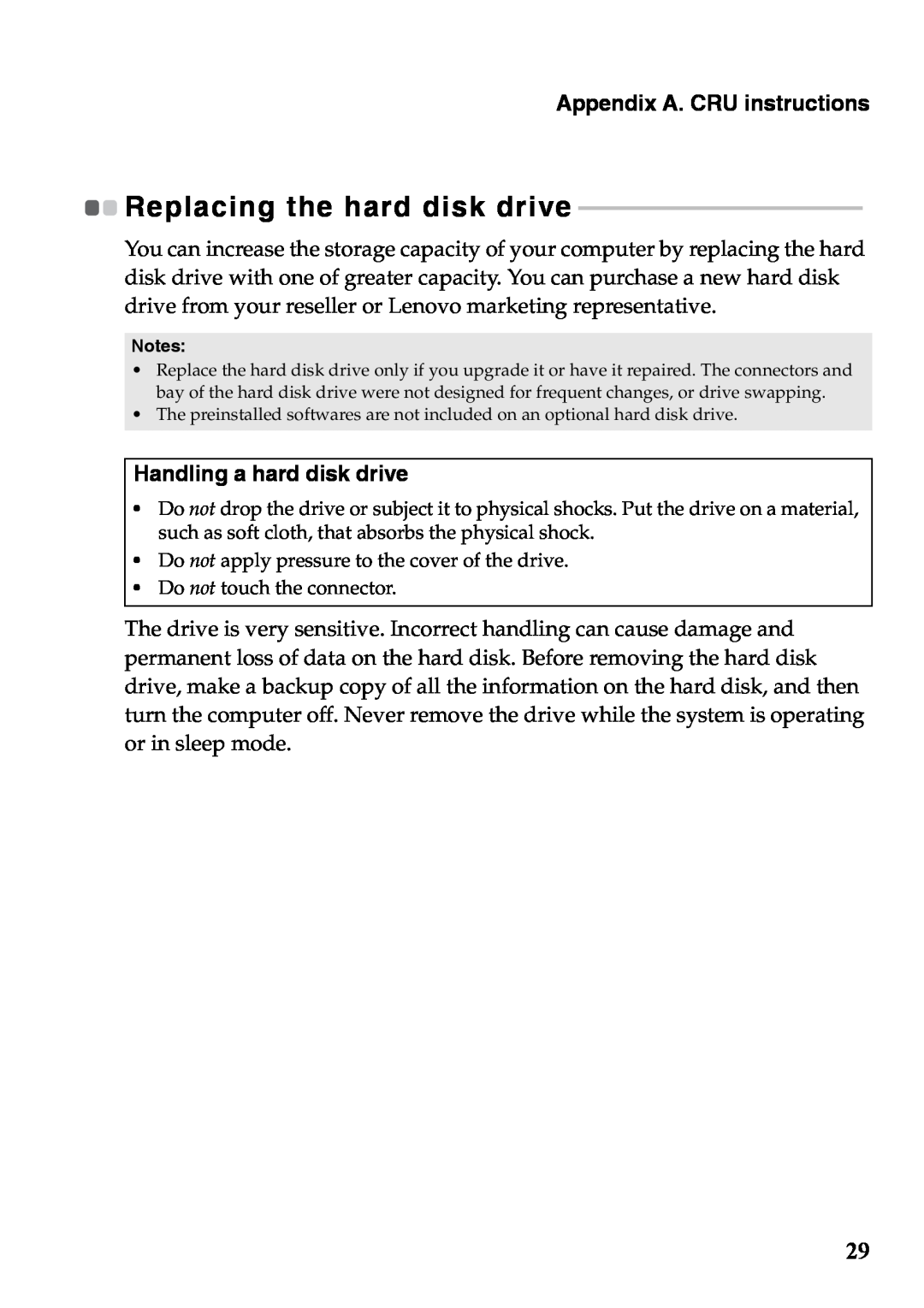 Lenovo 59375192 manual Replacing the hard disk drive, Appendix A. CRU instructions, Handling a hard disk drive 