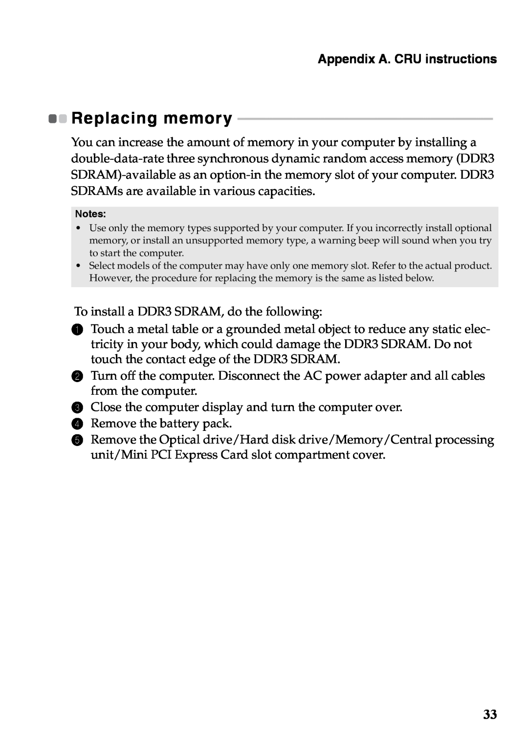 Lenovo 59375192 manual Appendix A. CRU instructions, Replacing memory 