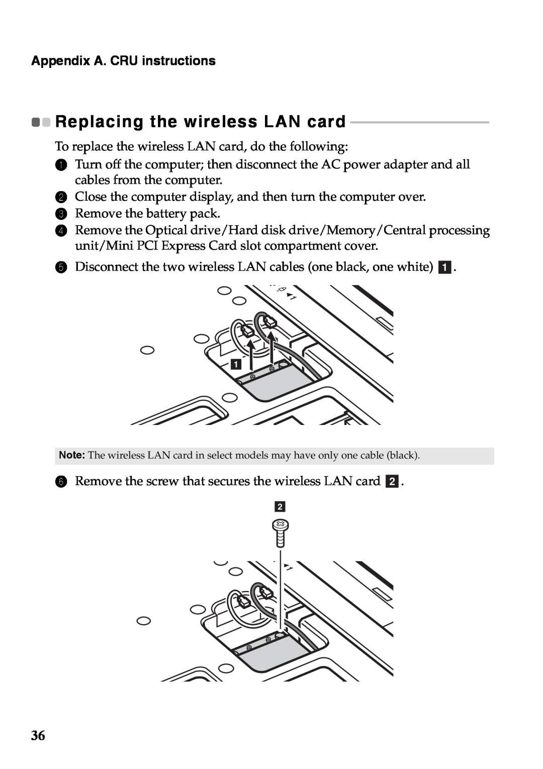 Lenovo 59375192 manual Replacing the wireless LAN card, Appendix A. CRU instructions 
