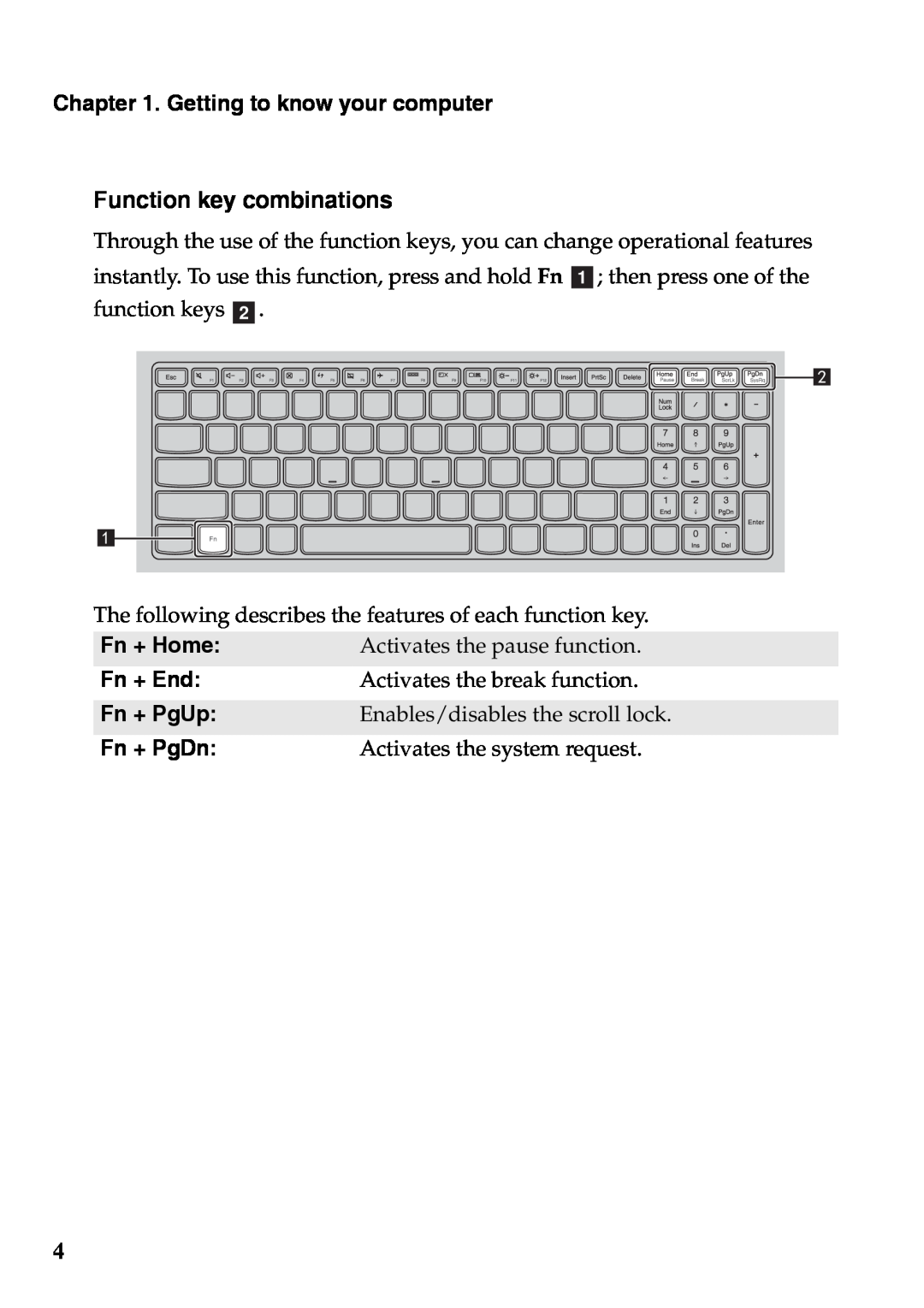 Lenovo 59375192 manual Function key combinations, Getting to know your computer 