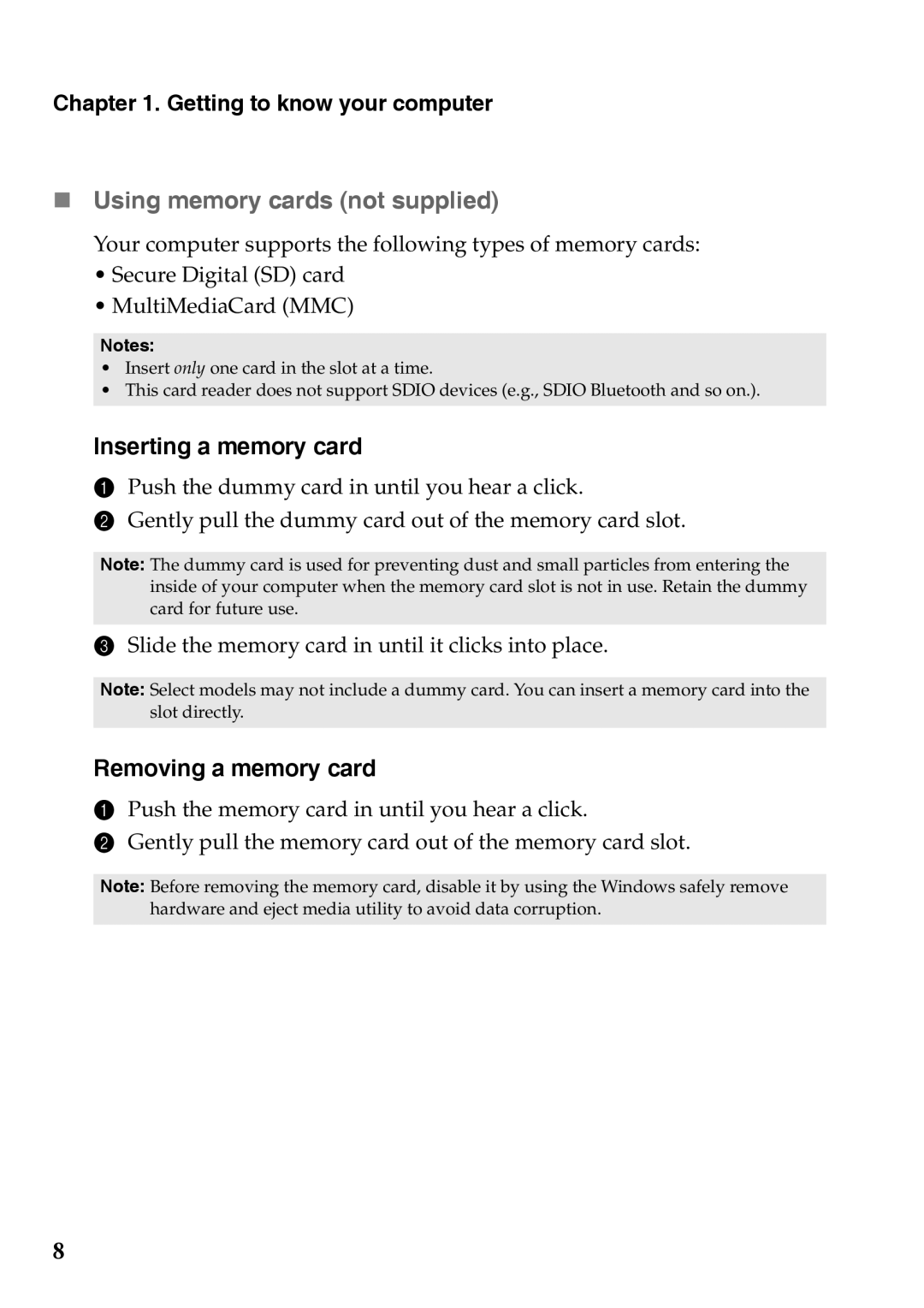 Lenovo 59375192 manual  Using memory cards not supplied, Inserting a memory card, Removing a memory card 