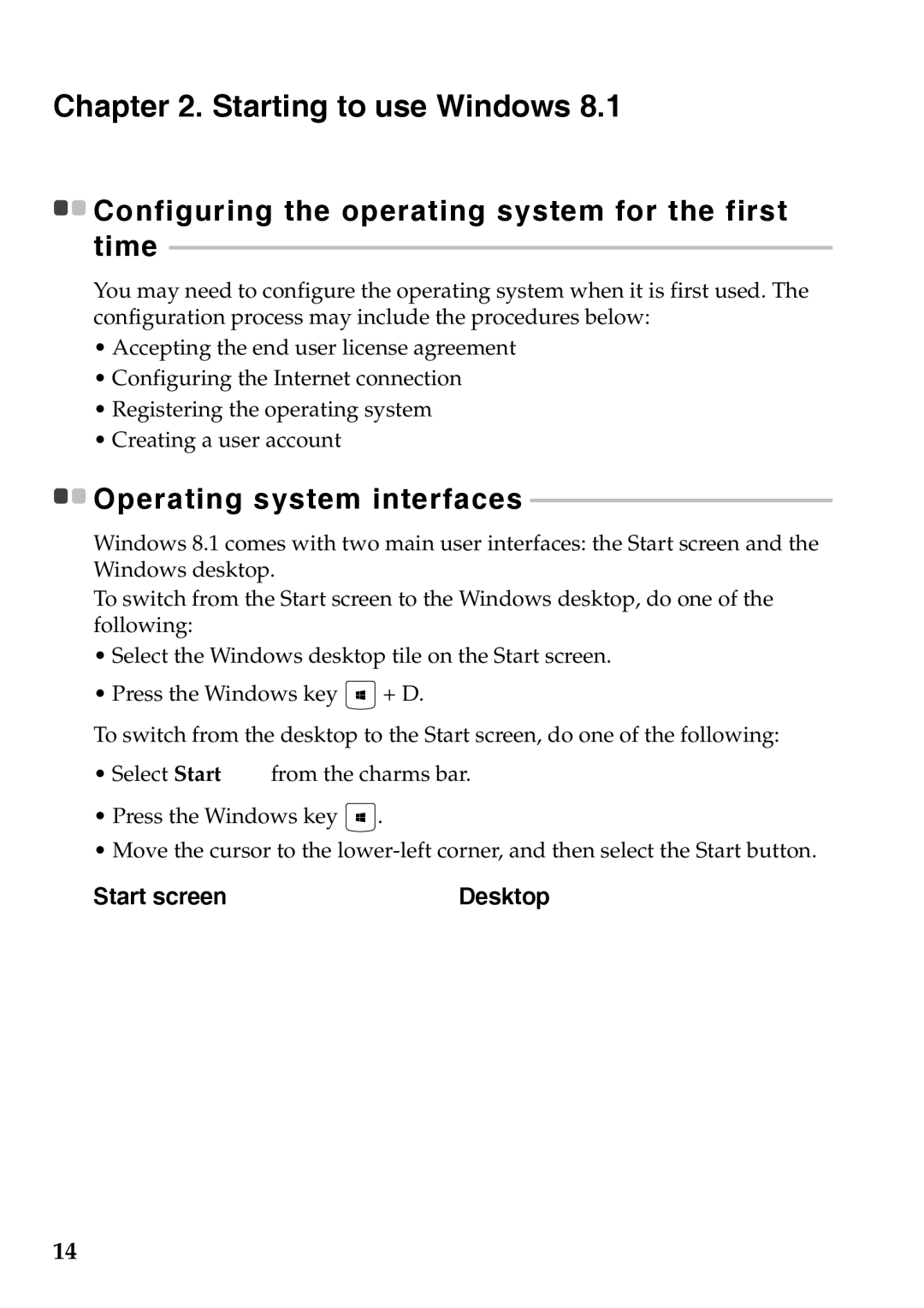 Lenovo 59375192 manual Starting to use Windows, Start screen, Configuring the operating system for the first time, Desktop 