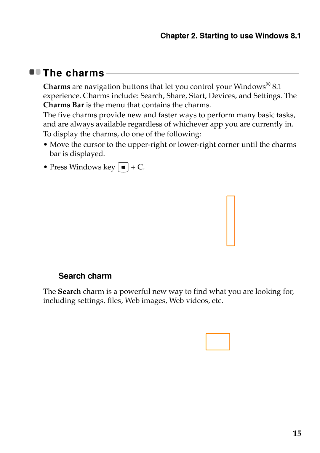 Lenovo 59375192 manual Search charm, Starting to use Windows, Charms 