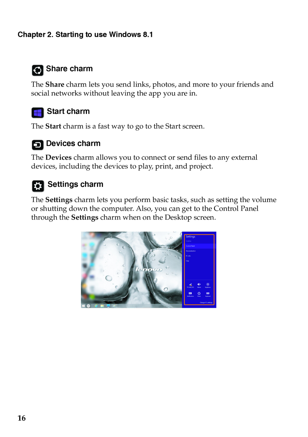Lenovo 59375192 manual Share charm, Start charm, Devices charm, Settings charm 