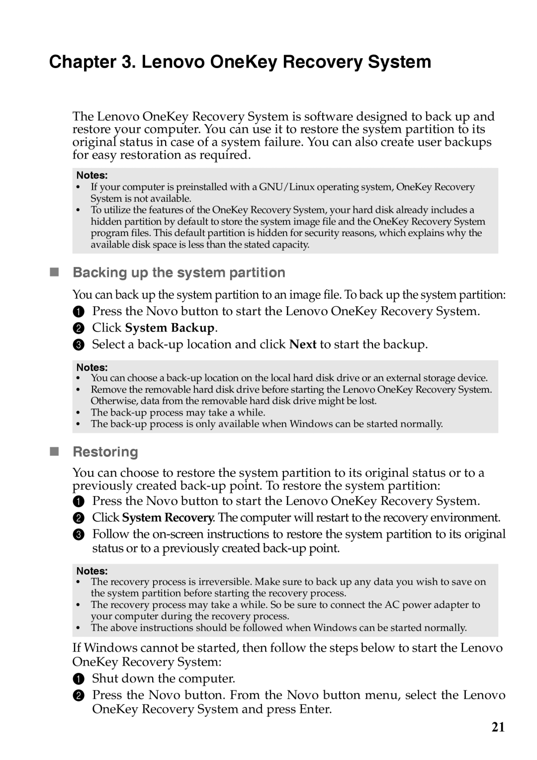 Lenovo 59375192 manual Lenovo OneKey Recovery System,  Backing up the system partition,  Restoring 