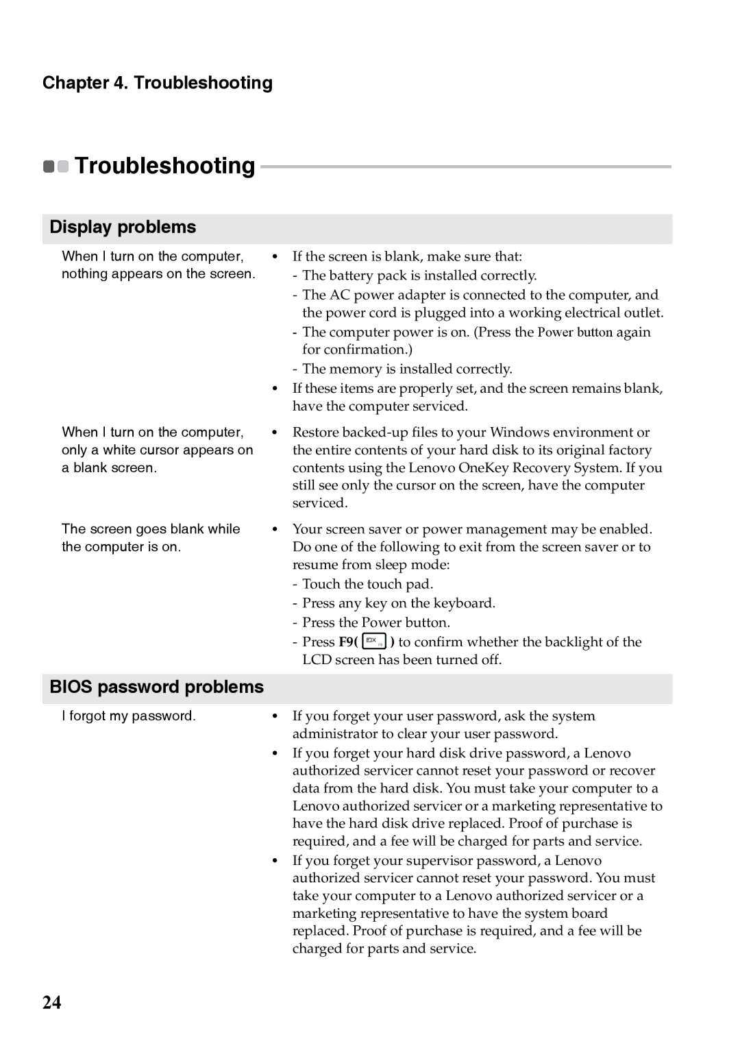 Lenovo 59375192 manual Troubleshooting, Display problems, Bios password problems 