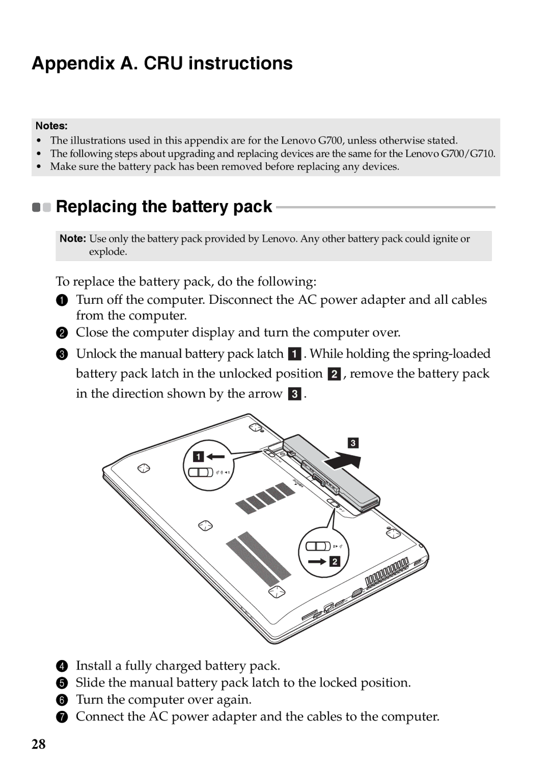 Lenovo 59375192 manual Appendix A. CRU instructions, Replacing the battery pack 