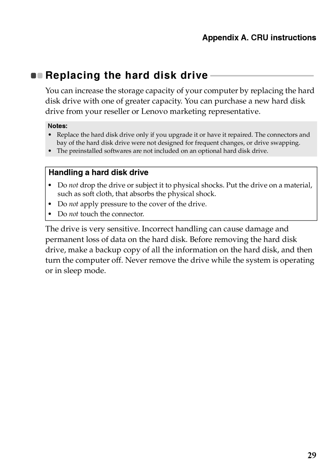 Lenovo 59375192 manual Appendix A. CRU instructions, Handling a hard disk drive 