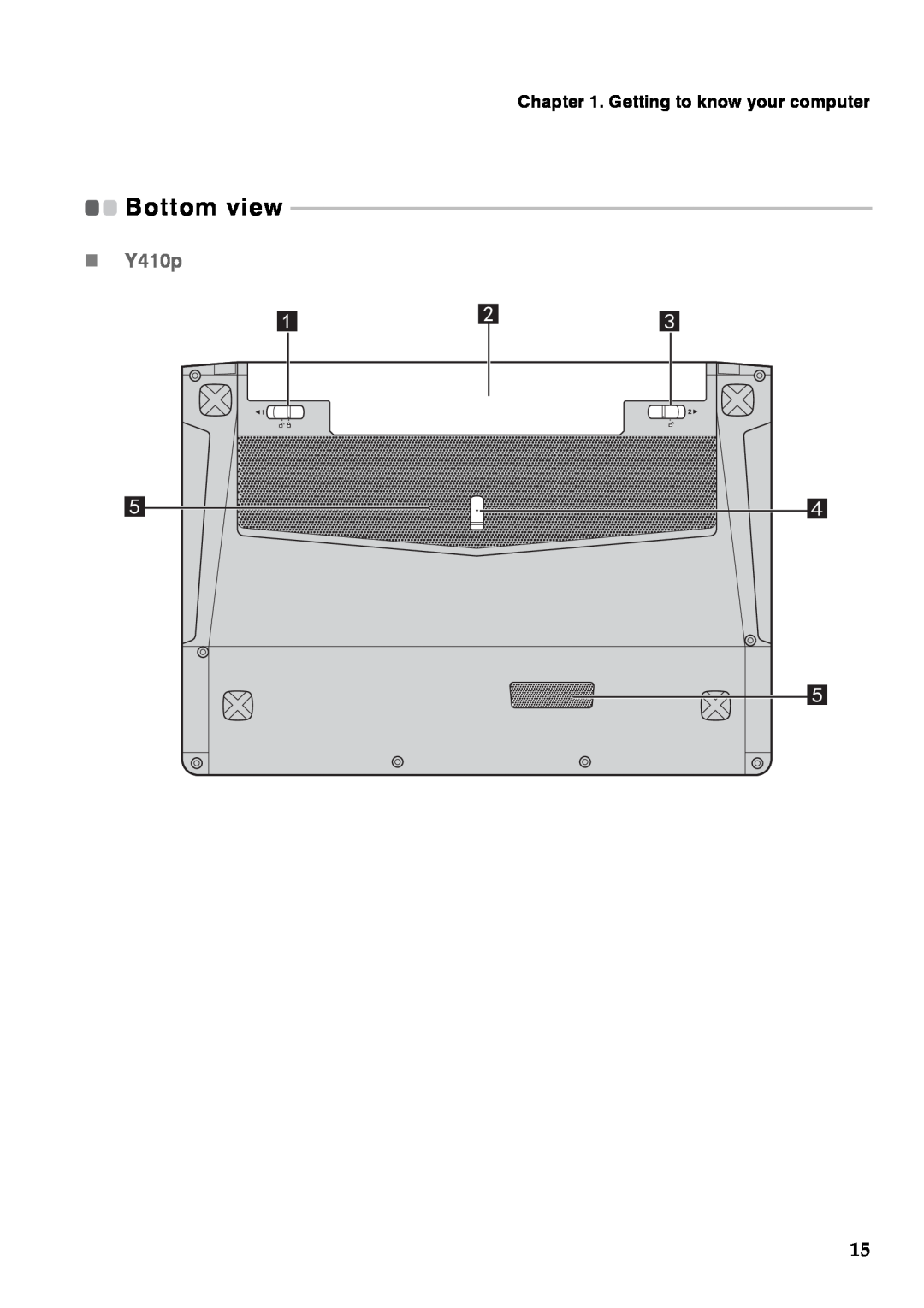 Lenovo 59376431, 59375627, 59375625 manual  Y410p, Getting to know your computer, Bottom view 