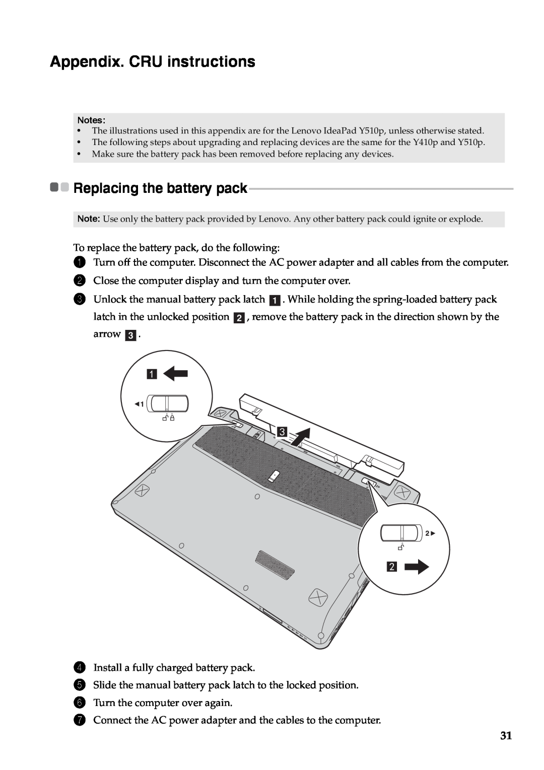 Lenovo 59375625, 59375627, 59376431 manual Appendix. CRU instructions, Replacing the battery pack 