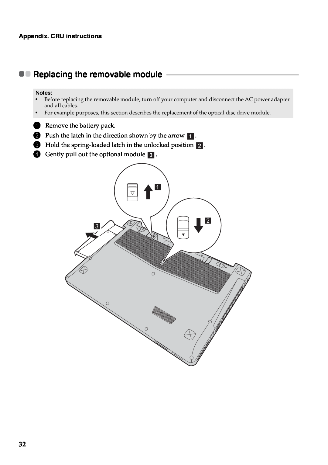 Lenovo 59375627, 59376431, 59375625 manual Replacing the removable module, Appendix. CRU instructions 