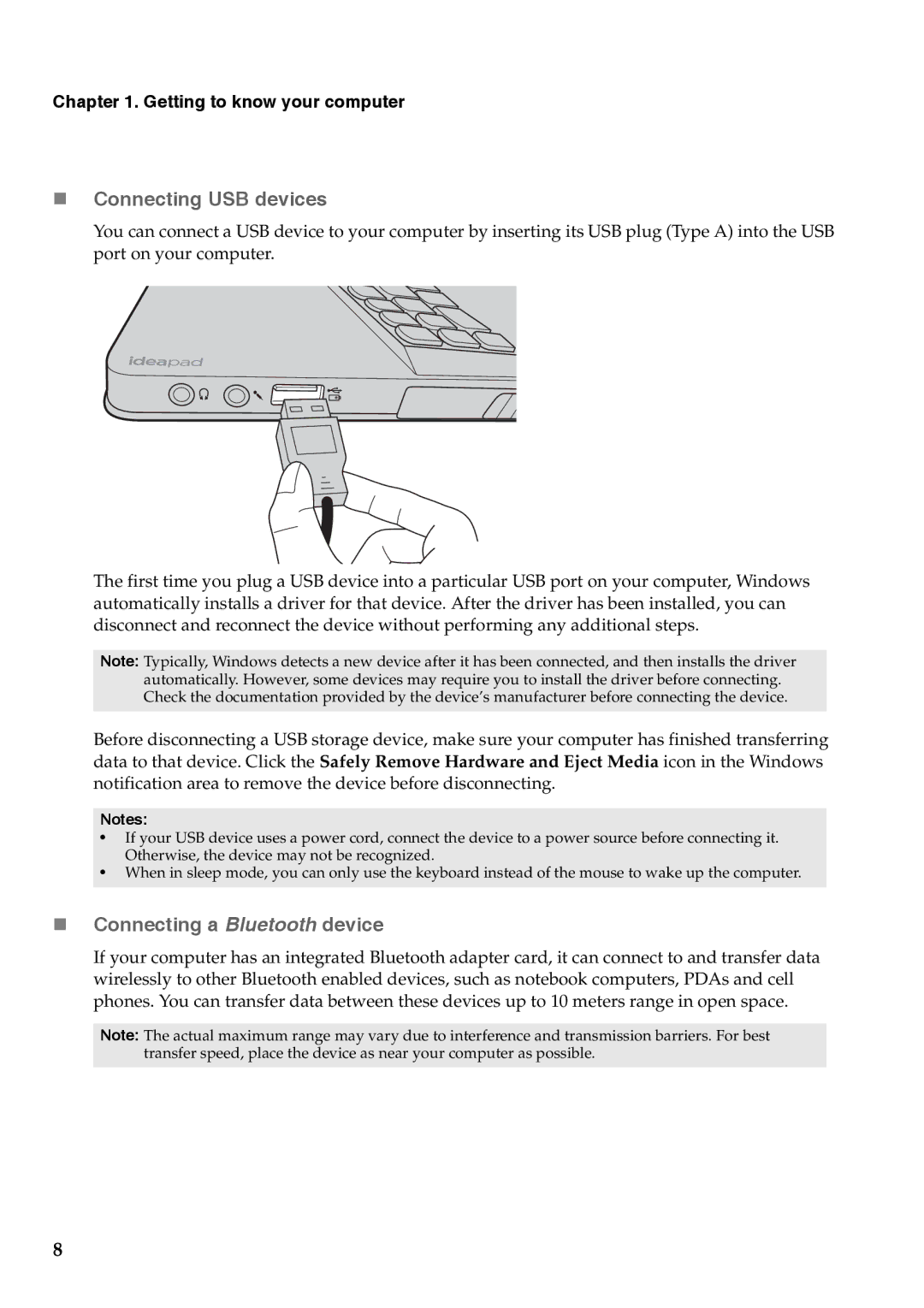 Lenovo 59375627, 59376431, 59375625 manual  Connecting USB devices,  Connecting a Bluetooth device 