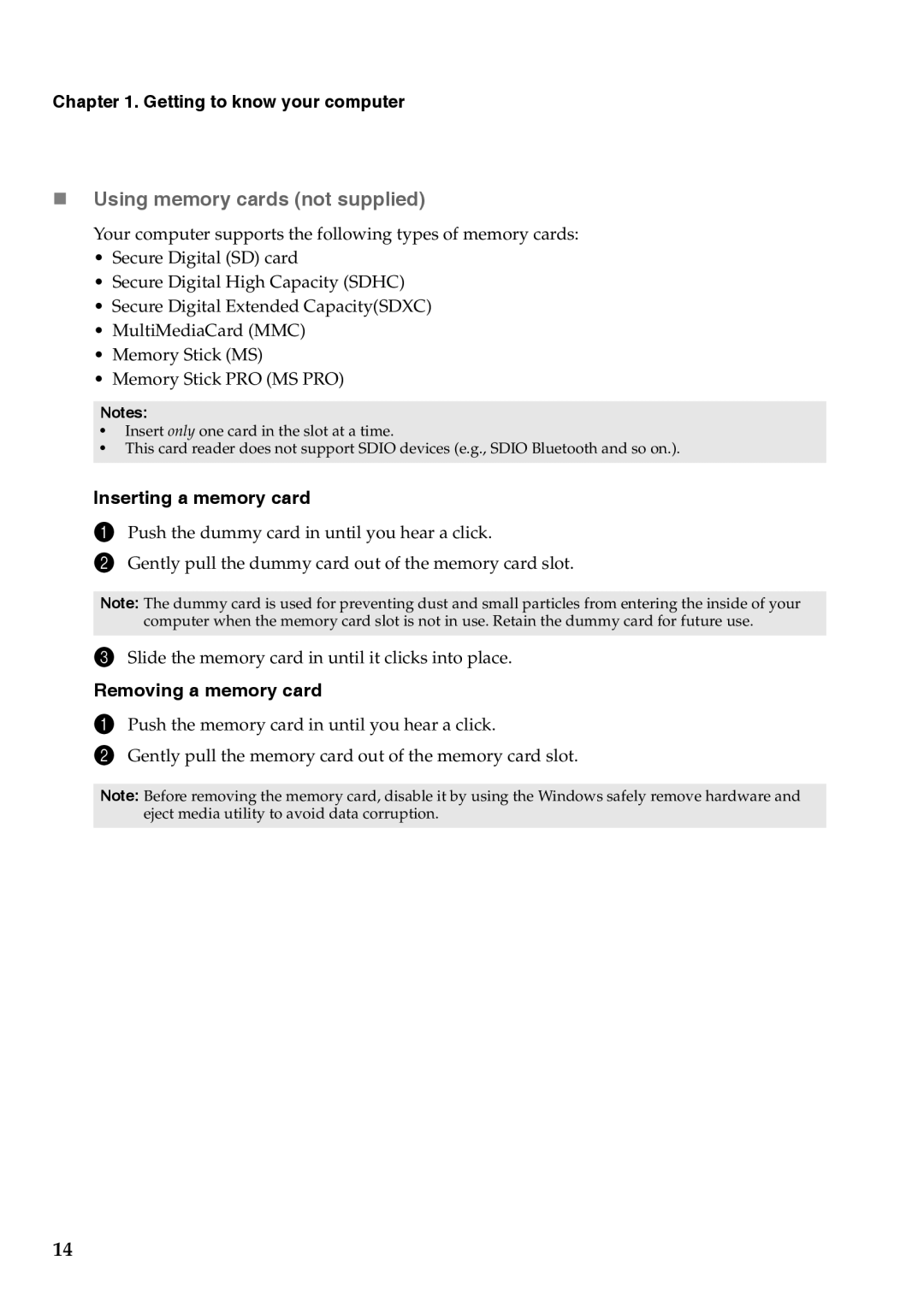 Lenovo 59375627, 59376431, 59375625 manual  Using memory cards not supplied, Inserting a memory card, Removing a memory card 