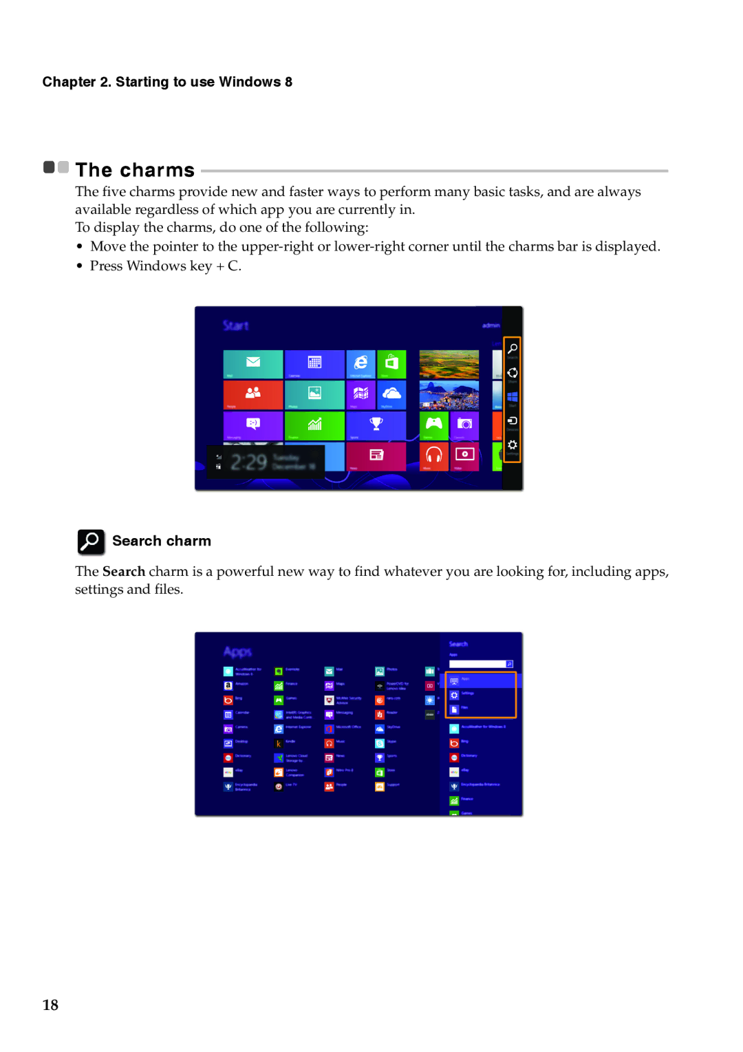 Lenovo 59376431, 59375627, 59375625 manual Starting to use Windows, Search charm 