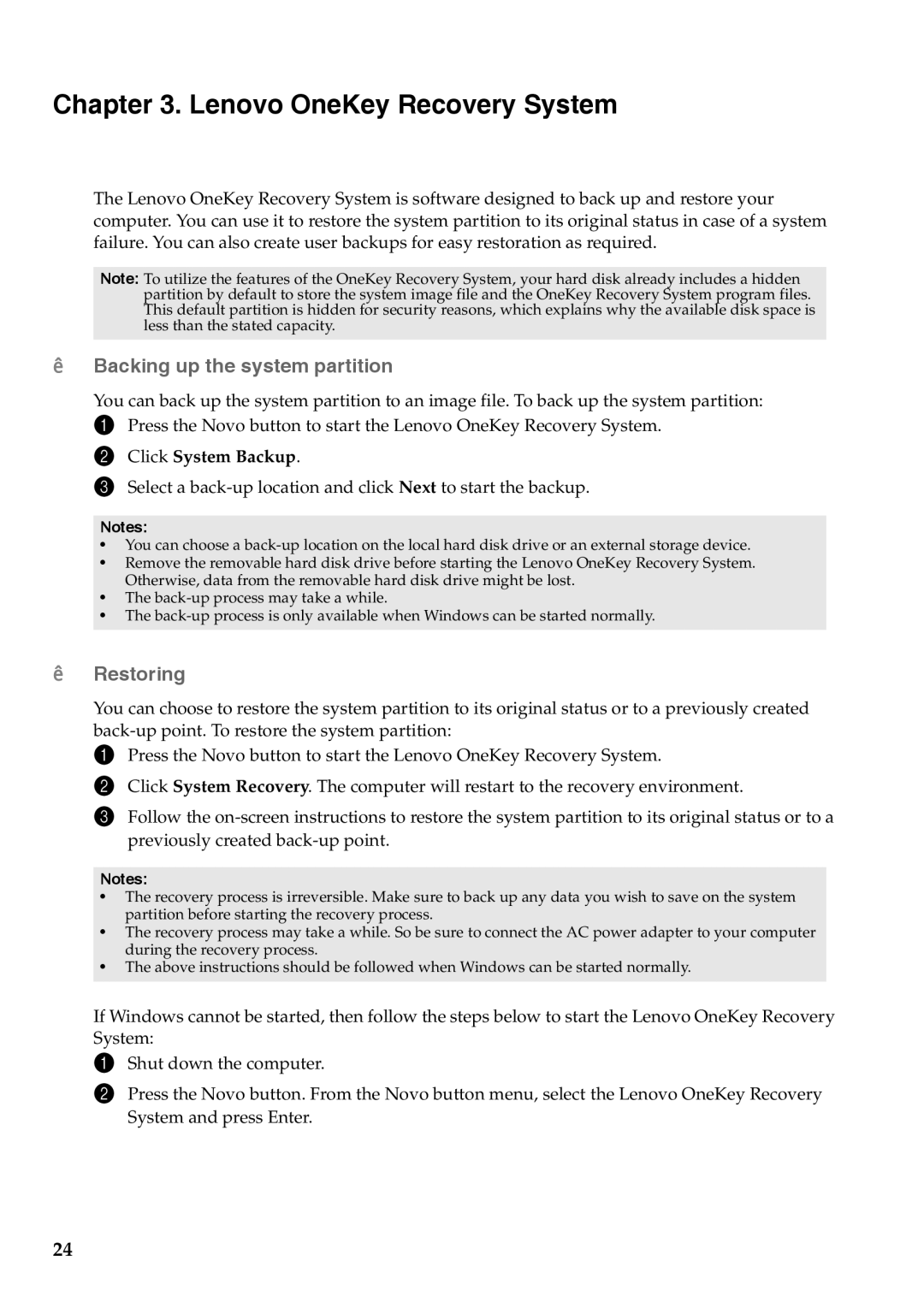 Lenovo 59376431, 59375627, 59375625 manual Lenovo OneKey Recovery System,  Backing up the system partition,  Restoring 