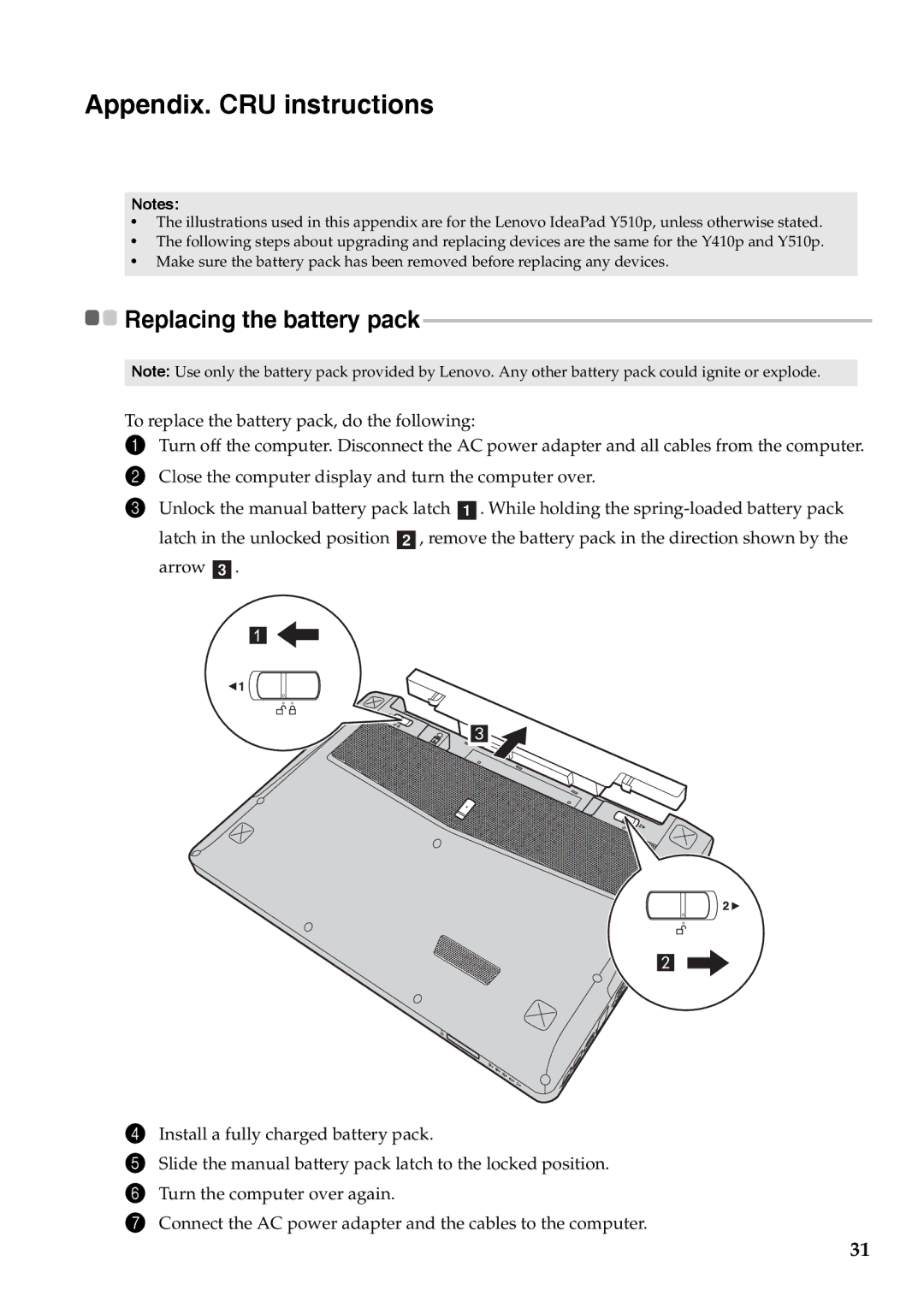 Lenovo 59375625, 59375627, 59376431 manual Appendix. CRU instructions, Replacing the battery pack 