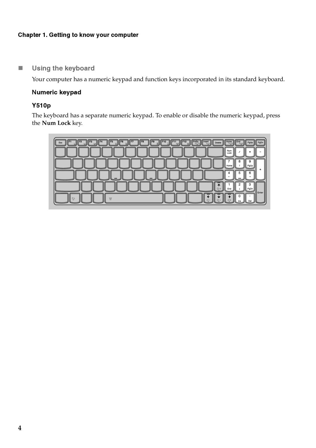 Lenovo 59375625, 59375627, 59376431 manual  Using the keyboard, Numeric keypad Y510p 