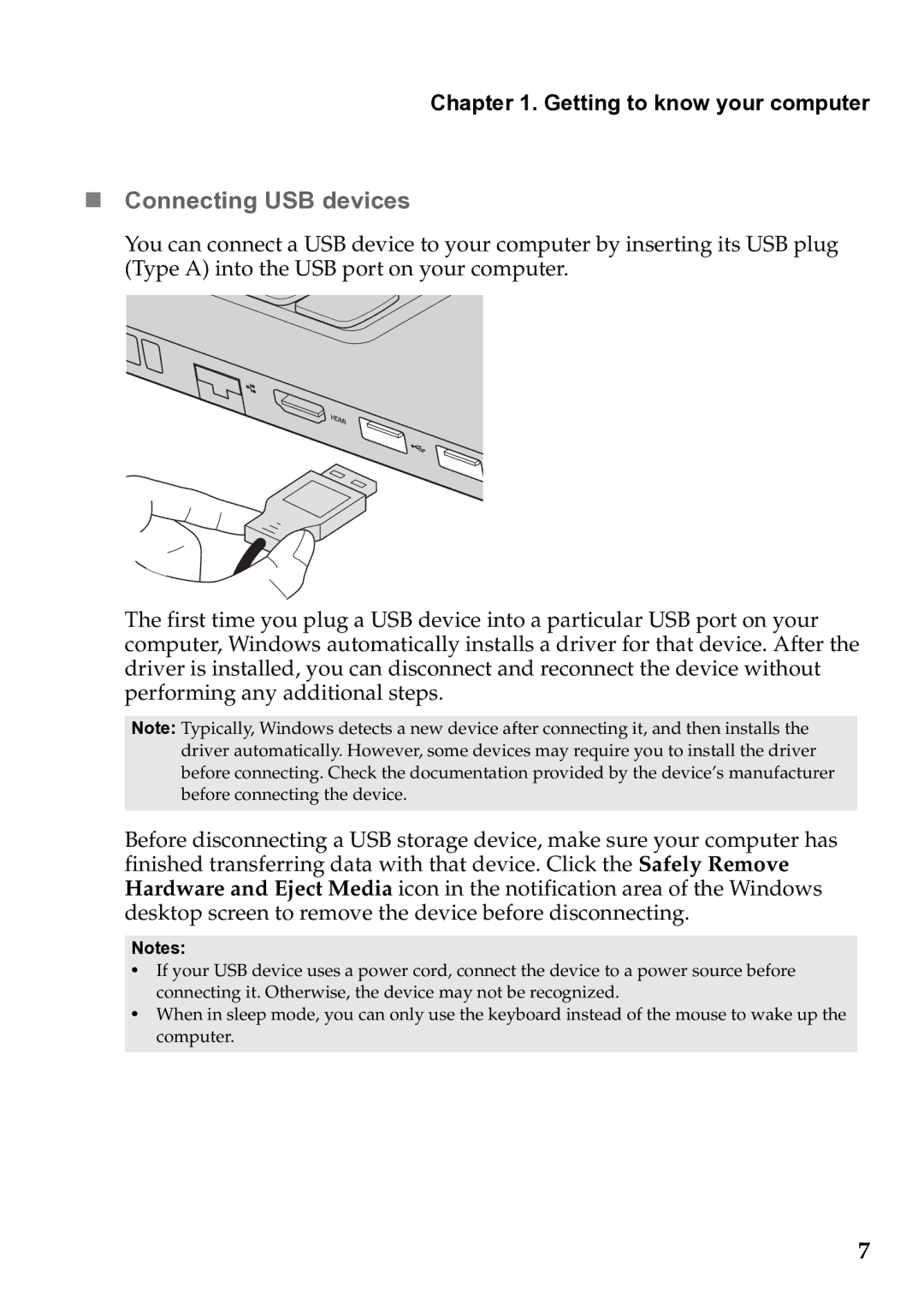 Lenovo 59385901 manual  Connecting USB devices 