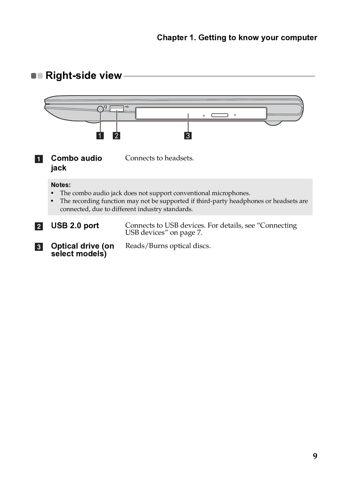 Lenovo 59385901 manual Combo audio, Jack, USB 2.0 port Optical drive on select models 