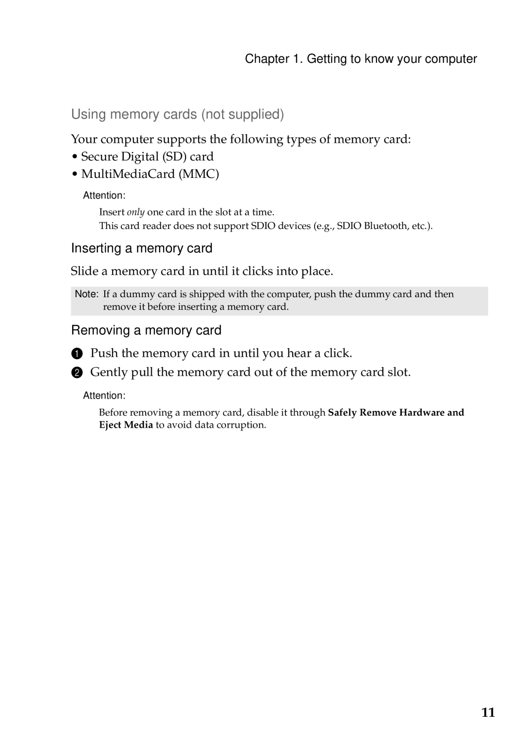 Lenovo 59385901 manual  Using memory cards not supplied, Removing a memory card 