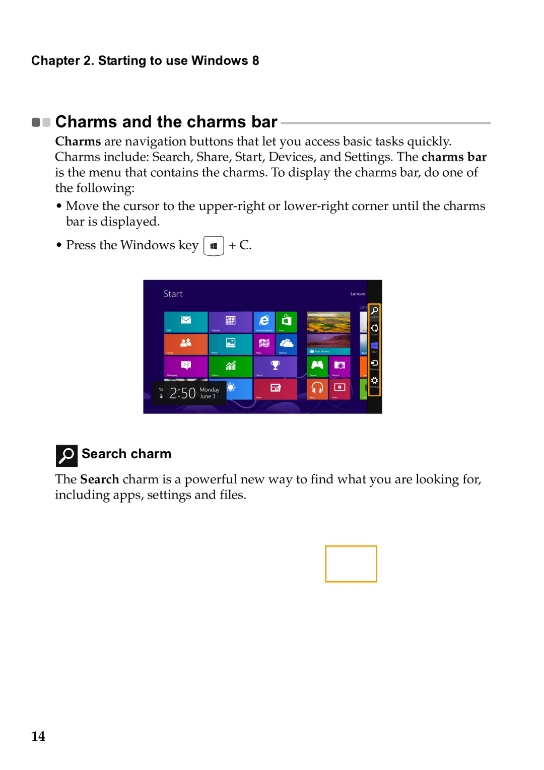 Lenovo 59385901 manual Charms and the charms bar, Starting to use Windows 