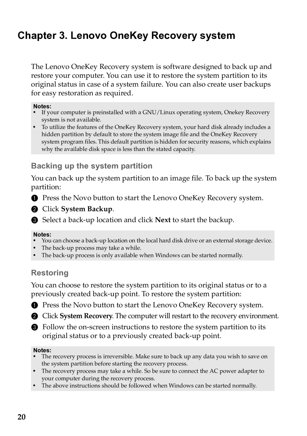 Lenovo 59385901 manual Lenovo OneKey Recovery system,  Backing up the system partition,  Restoring 