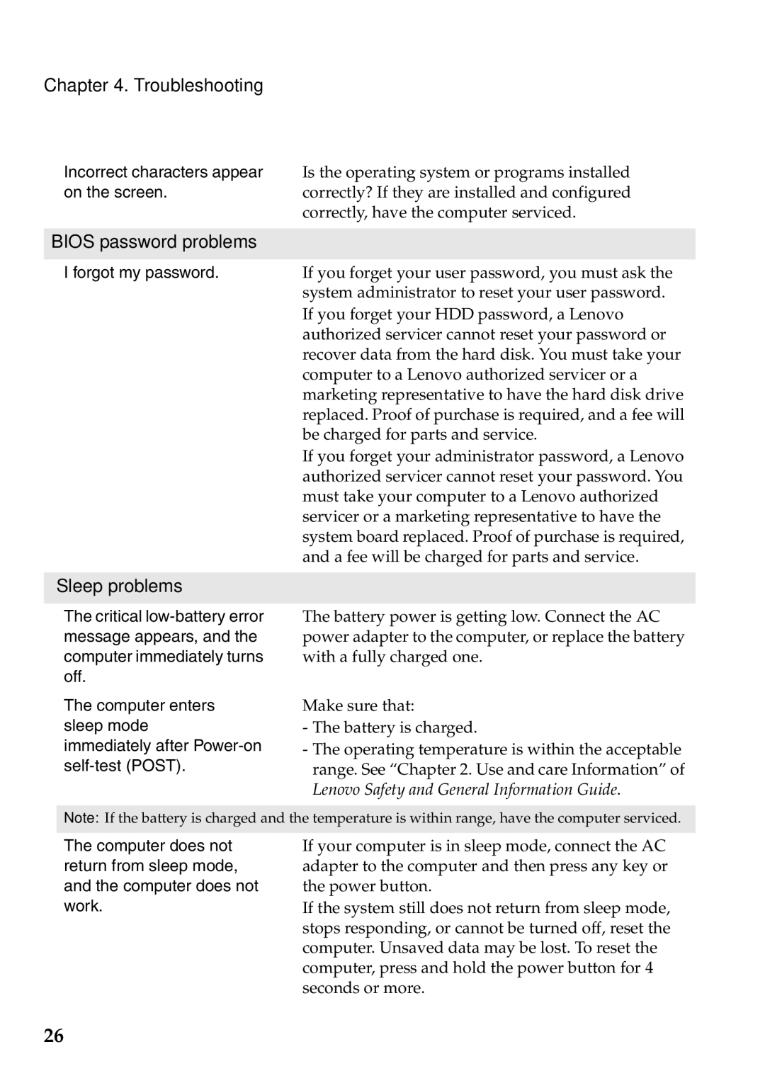 Lenovo 59385901 manual Bios password problems, Sleep problems 