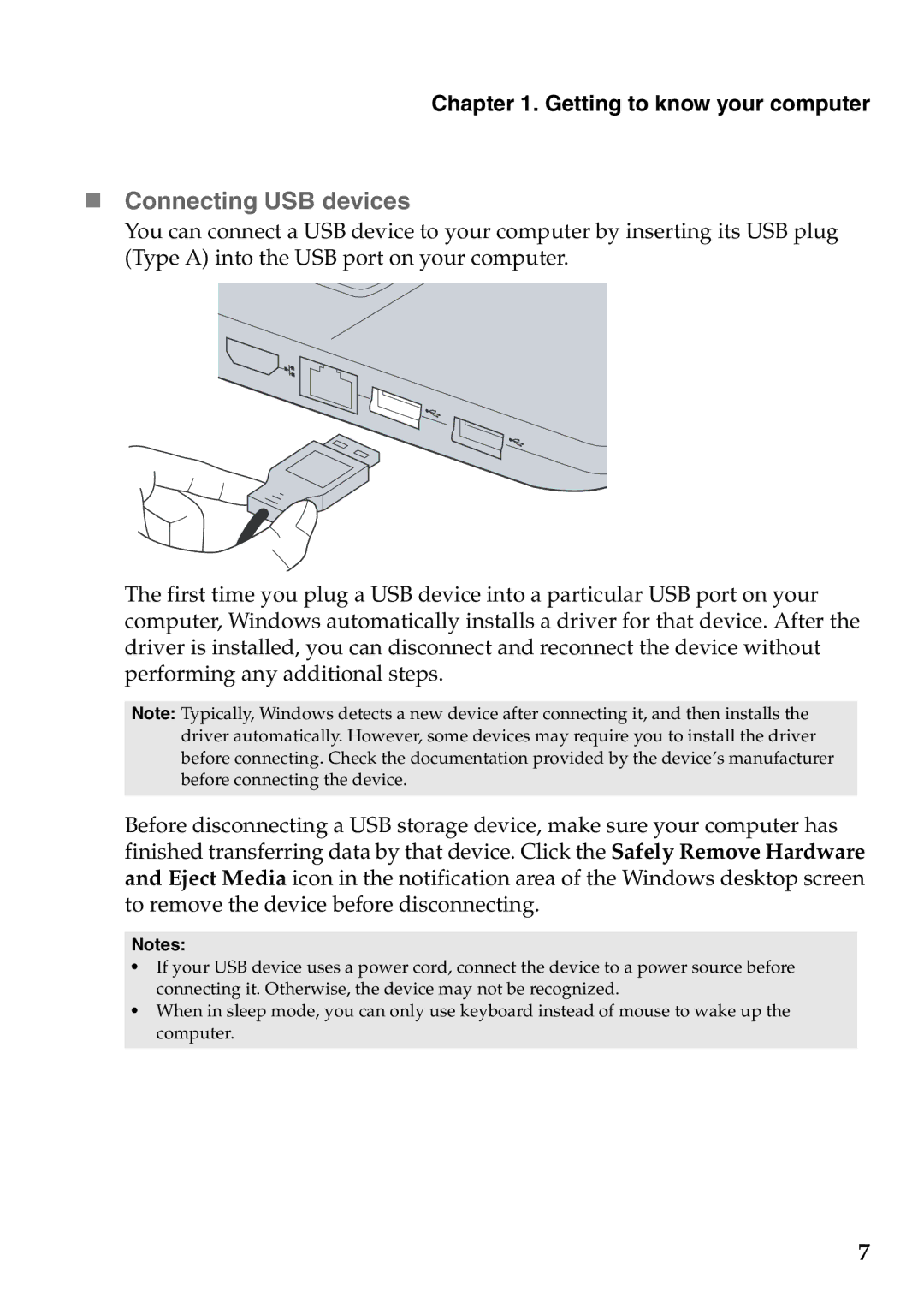 Lenovo 59387520 manual „ Connecting USB devices 