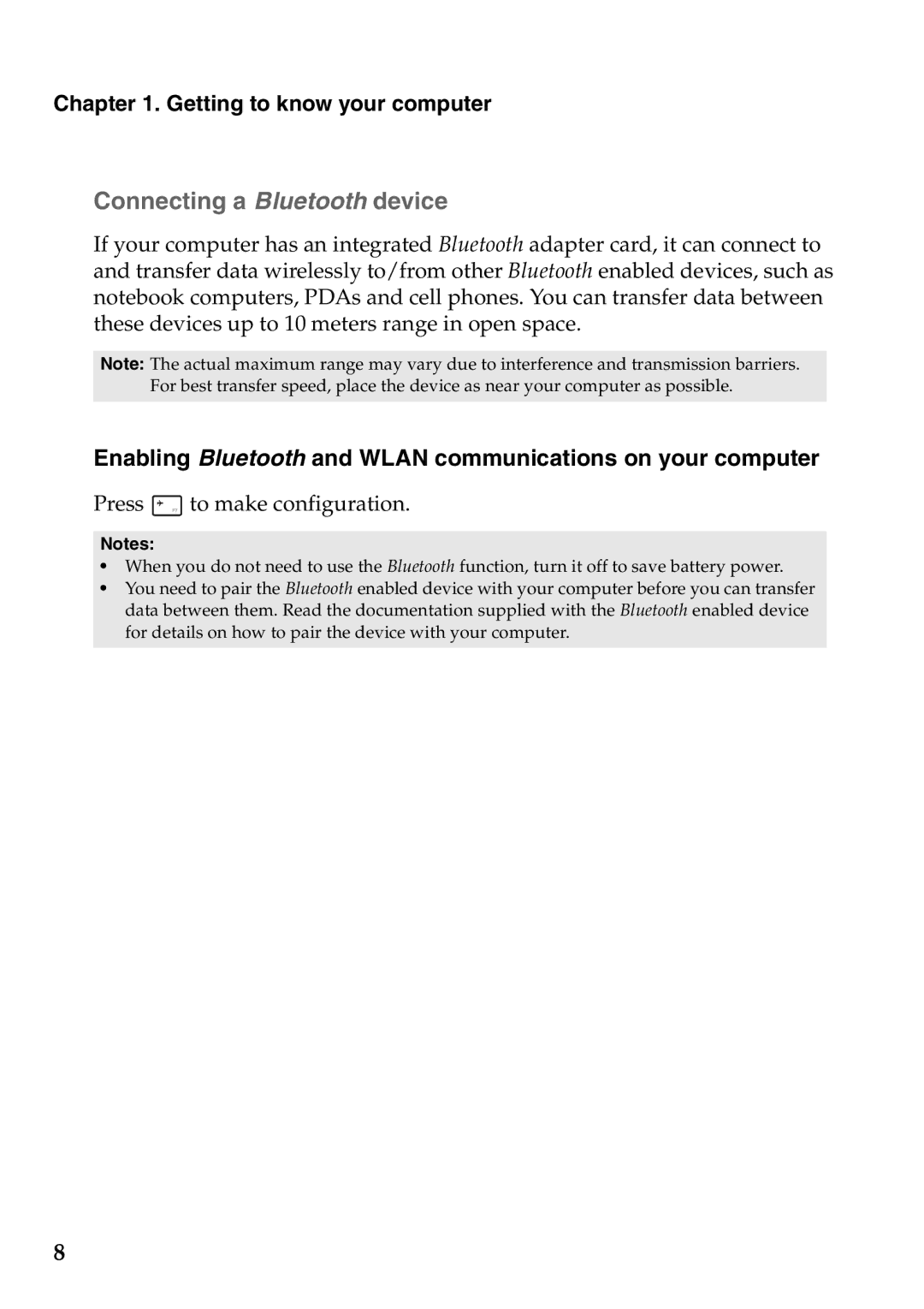 Lenovo 59387520 manual „ Connecting a Bluetooth device, Enabling Bluetooth and Wlan communications on your computer 