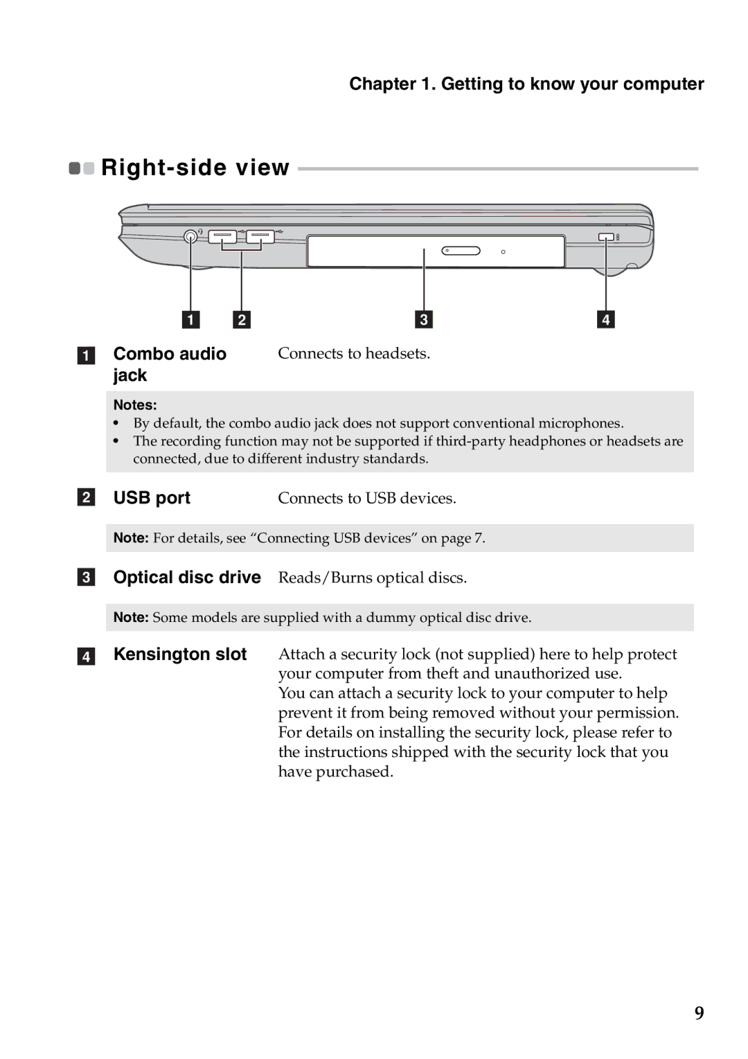 Lenovo 59387520 manual Right-side view, USB port 