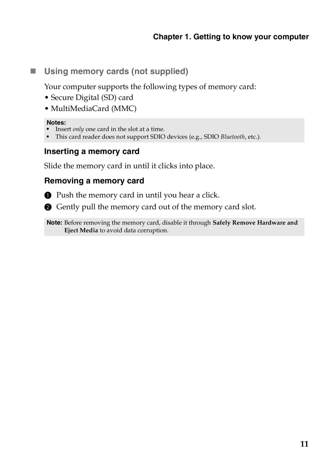 Lenovo 59387520 manual „ Using memory cards not supplied, Inserting a memory card, Removing a memory card 