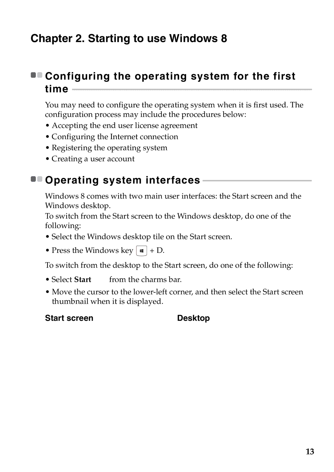 Lenovo 59387520 manual Start screen Desktop, Configuring the operating system for the first time 