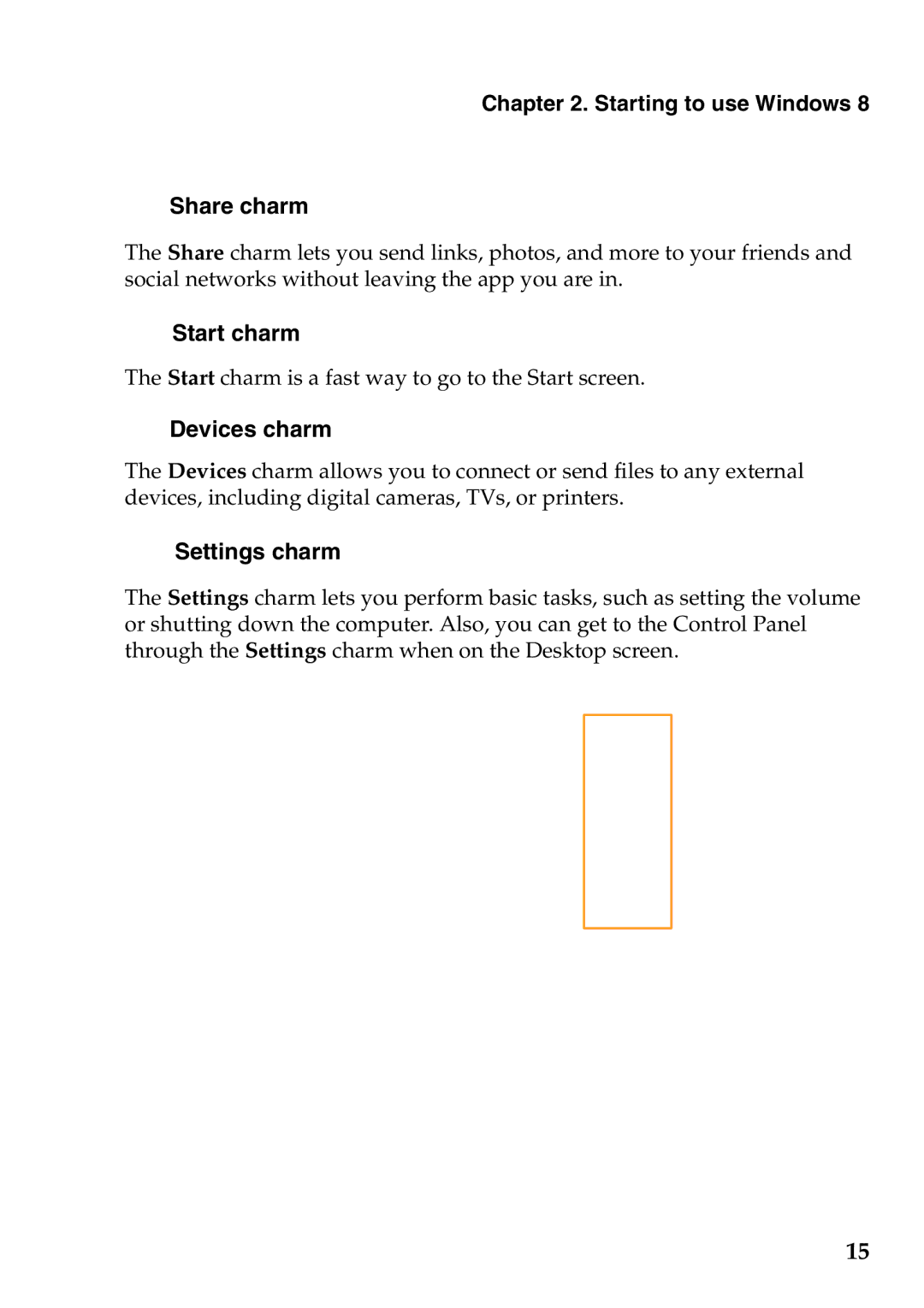 Lenovo 59387520 manual Share charm, Start charm, Devices charm, Settings charm 